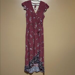 Floral V-Neck Wrap Maxi Dress - Dusty Pink/purple